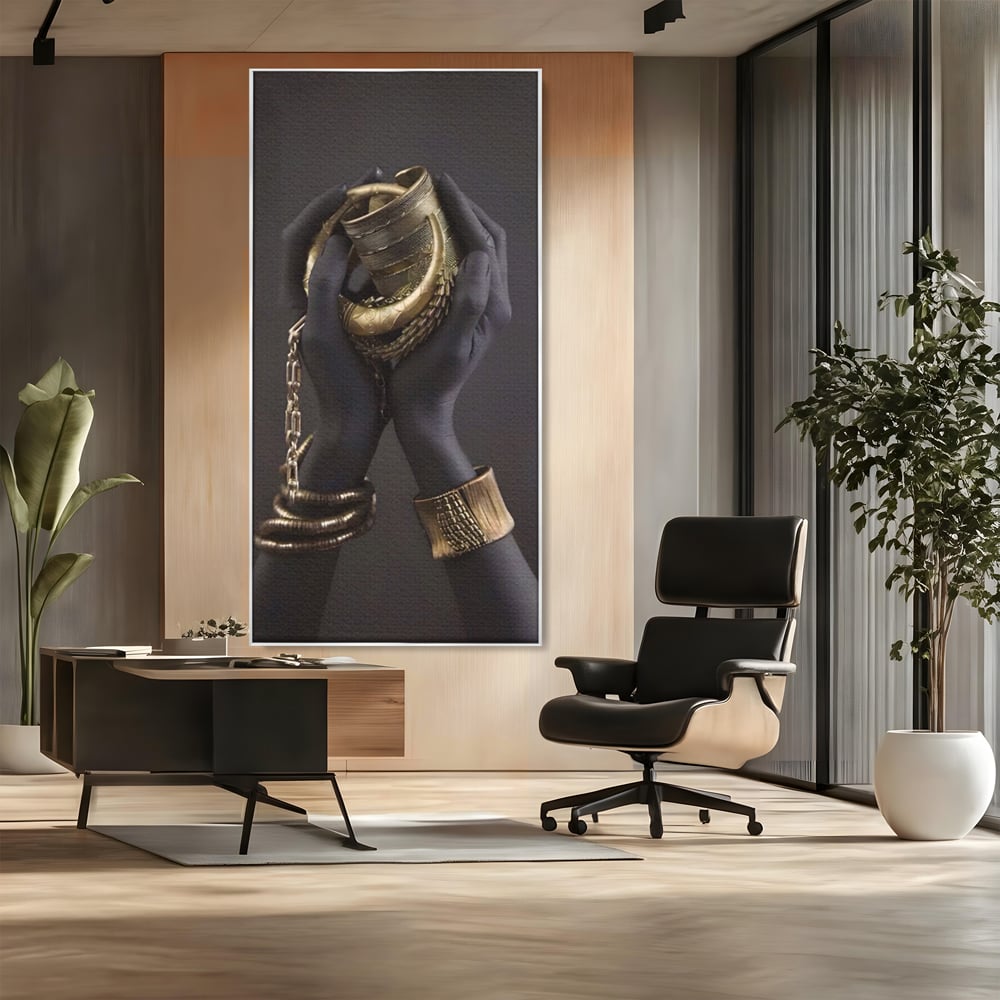 Tablou canvas cu tablou canvas cu maini negre si bijuterii aurii, in rama de aluminiu argintiu, pe perete intr-un birou